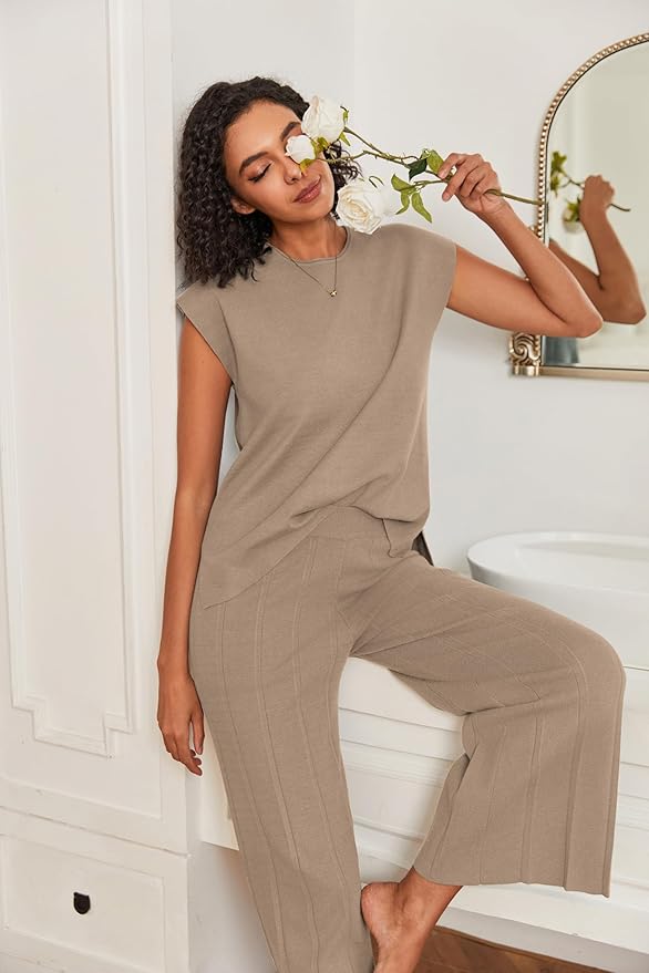 Ekouaer Lounge Sets for Women Two Piece Outfits Knit Cap Sleeve Tops Wide Leg Pleated Pants Casual Dressy Sweater Sets