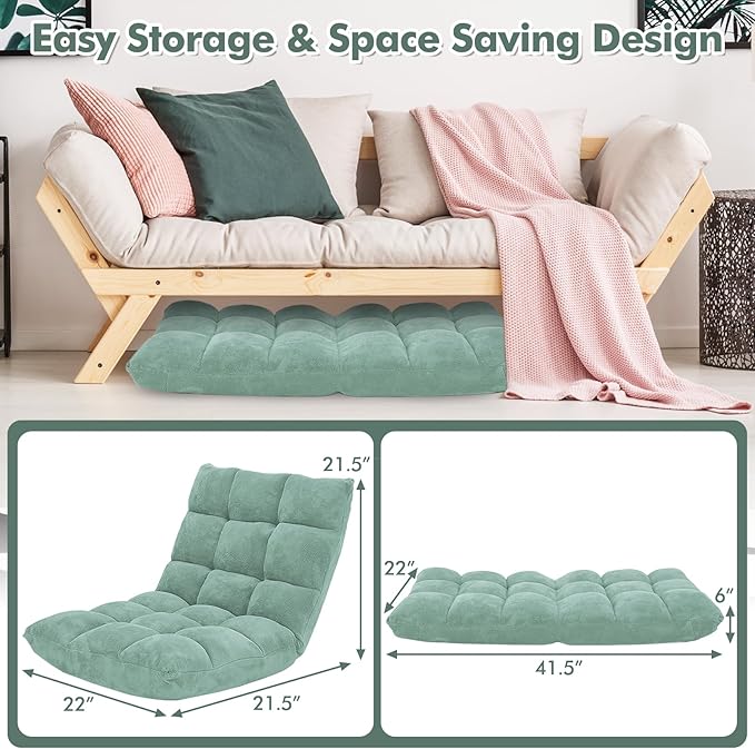 GOFLAME 14-Position Folding Floor Chair, Padded Gaming Lazy Sofa Chair with Adjustable Backrest, Couch Recliner, Sleeper Bed Lounge Chair for Reading, Gaming, Meditating (Green)