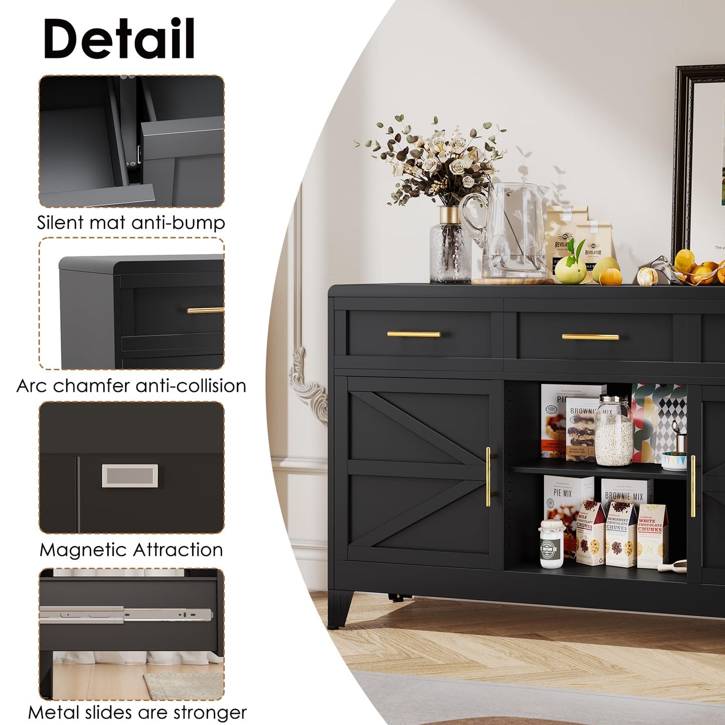 AUEYTVR Metal Sideboard Buffet Cabinet,Coffee Bar Cabinets with 2 Doors, 3 Drawers and an Open Storage Space,Buffet Table Wine Bar Cabinet for Dining Room, Living Room