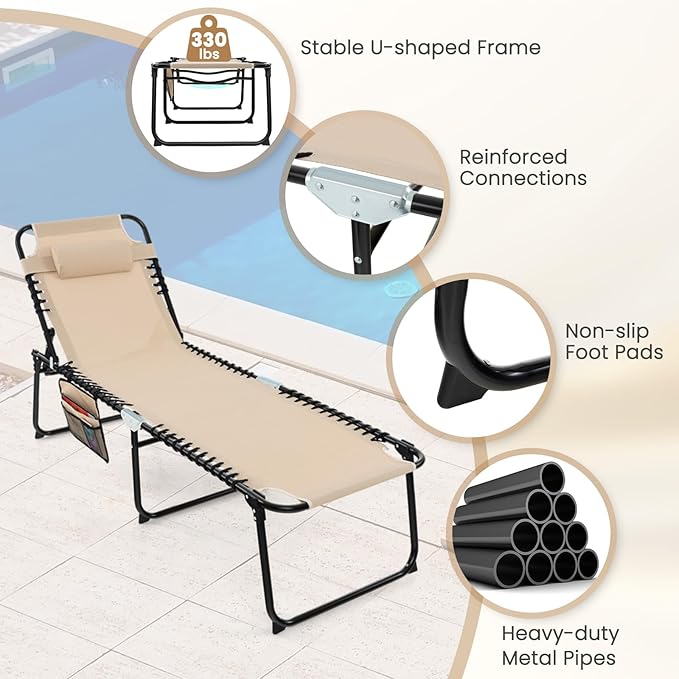 GYMAX Lounge Chairs for Outside, Extra High Folding Beach Tanning Lounger with Adjustable Backrest, Footrest & Removable Pillow, Sunbathing Lounge for Patio, Poolside (1, Sand with Pocket)
