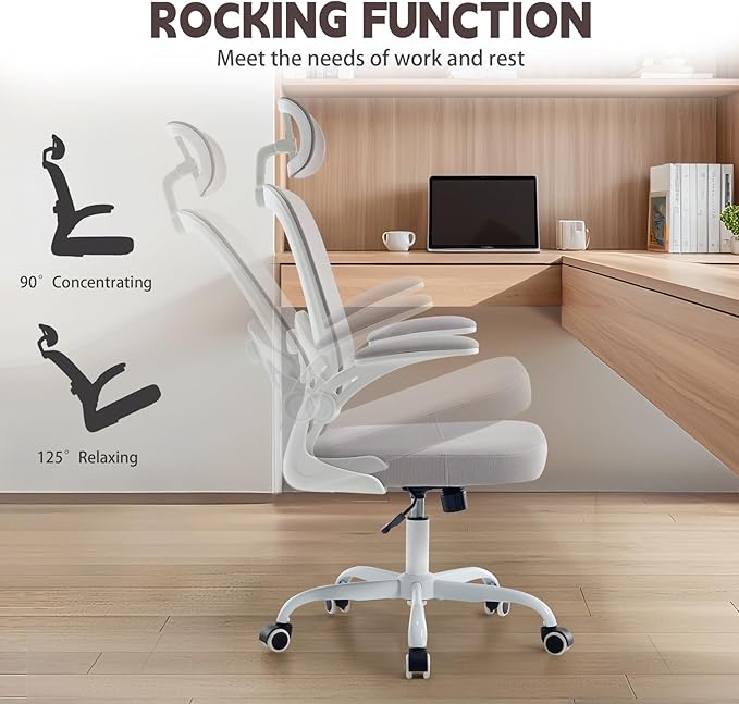 Rishtivin Ergonomic Office Chair with 3D Adjustable Lumbar Support, Mesh High Back, 75° Rotating Headrest, Rocking Function, 300lbs Capacity, Black/White (White)