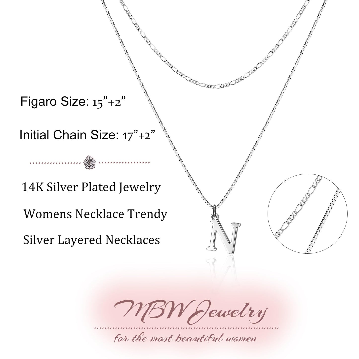 MBW Silver Initial Necklaces for Women, 14K Layered Initial Pendant Necklace Dainty Silver Figaro Choker Name Monogram Necklaces