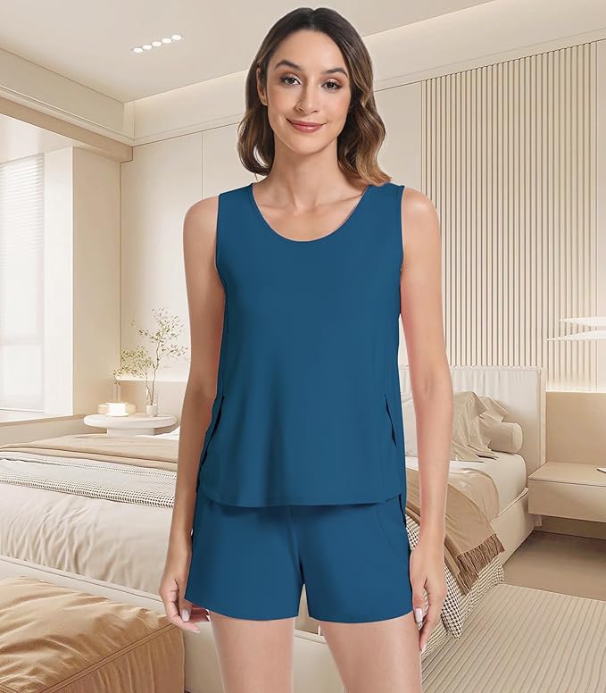 NACHILA Pajamas for Women-Viscose from Bamboo, Ribbed Racerback Tank Top Sexy Split Shorts Pajama Sets Cooling Sleep Cami Pjs