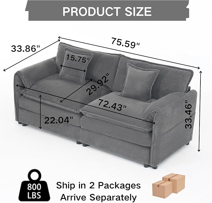 RENDGO 76" Modular Sectional Sofa, Chenille Cloud Couch for Living Room & Apartment, Deep Seat Comfort, Flexible Loveseat Combination Sofa for Home & Office,Grey