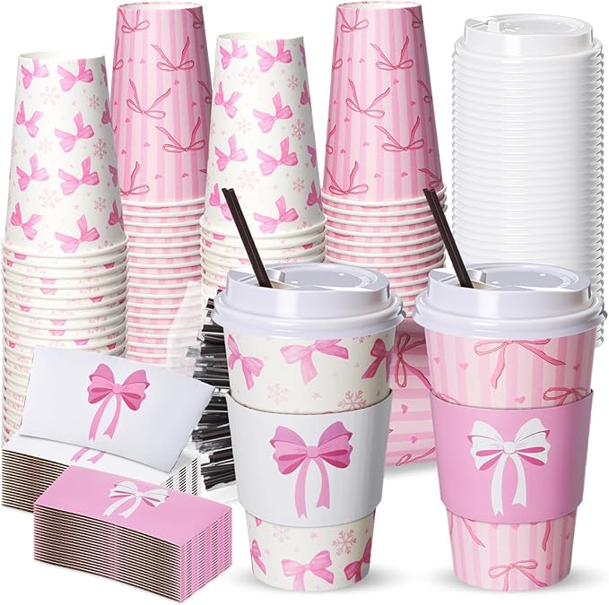 Jingmore 50 Set Pink Bow Coffee Cups with Lids, Straws and Sleeves Pink Bowknot Disposable Drinking Cup for Wedding Coquet...