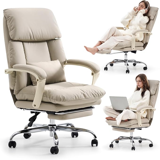EMIAH Office Chair with Foot Rest, Ergonomic Executive Office Chair with Arms, Reclining High Back PU Leather Comfy Swivel...