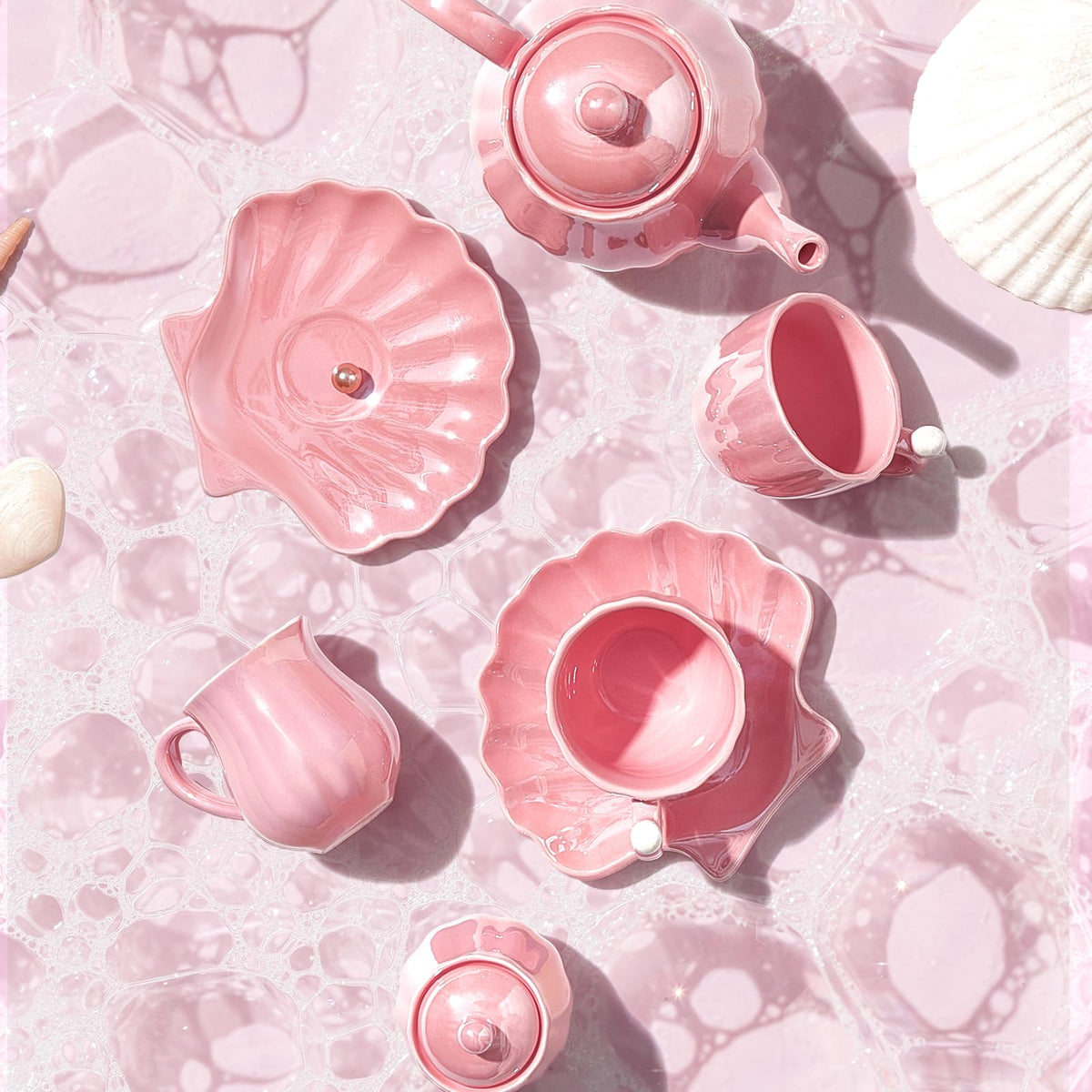 Giant bean Porcelain Tea Set, Pearl Pink Real Tea Party Set for Little Girls, British Royal Princess Series Teapot & Cup & Saucer & Sugar Bowl & Suitcase, for Little Kids Toddlers