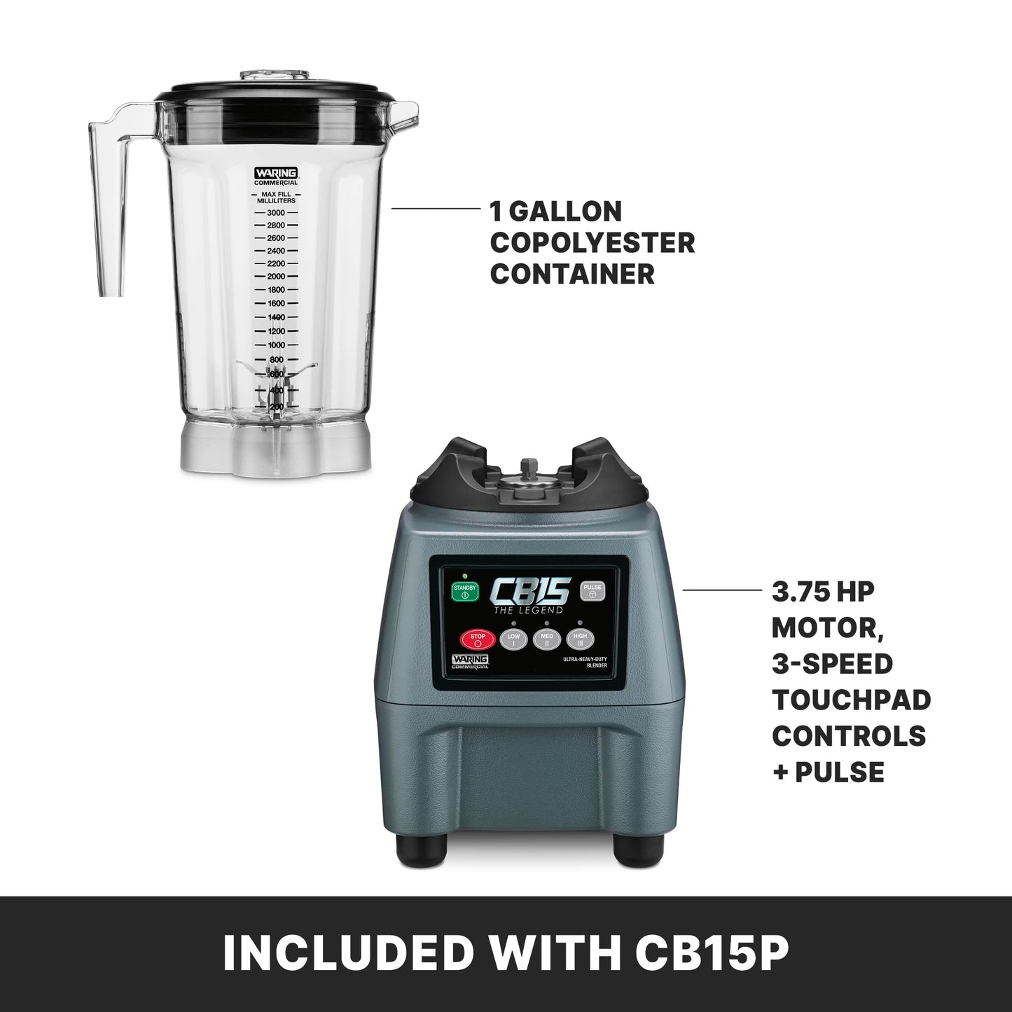 Waring Commercial CB15P Ultra Heavy Duty 3.75 HP Blender, Electric Touchpad Controls with BPA Free Copolyester 1 Gallon Container, 120V. 5-15 Phase Plug,Stainless Steel, Black