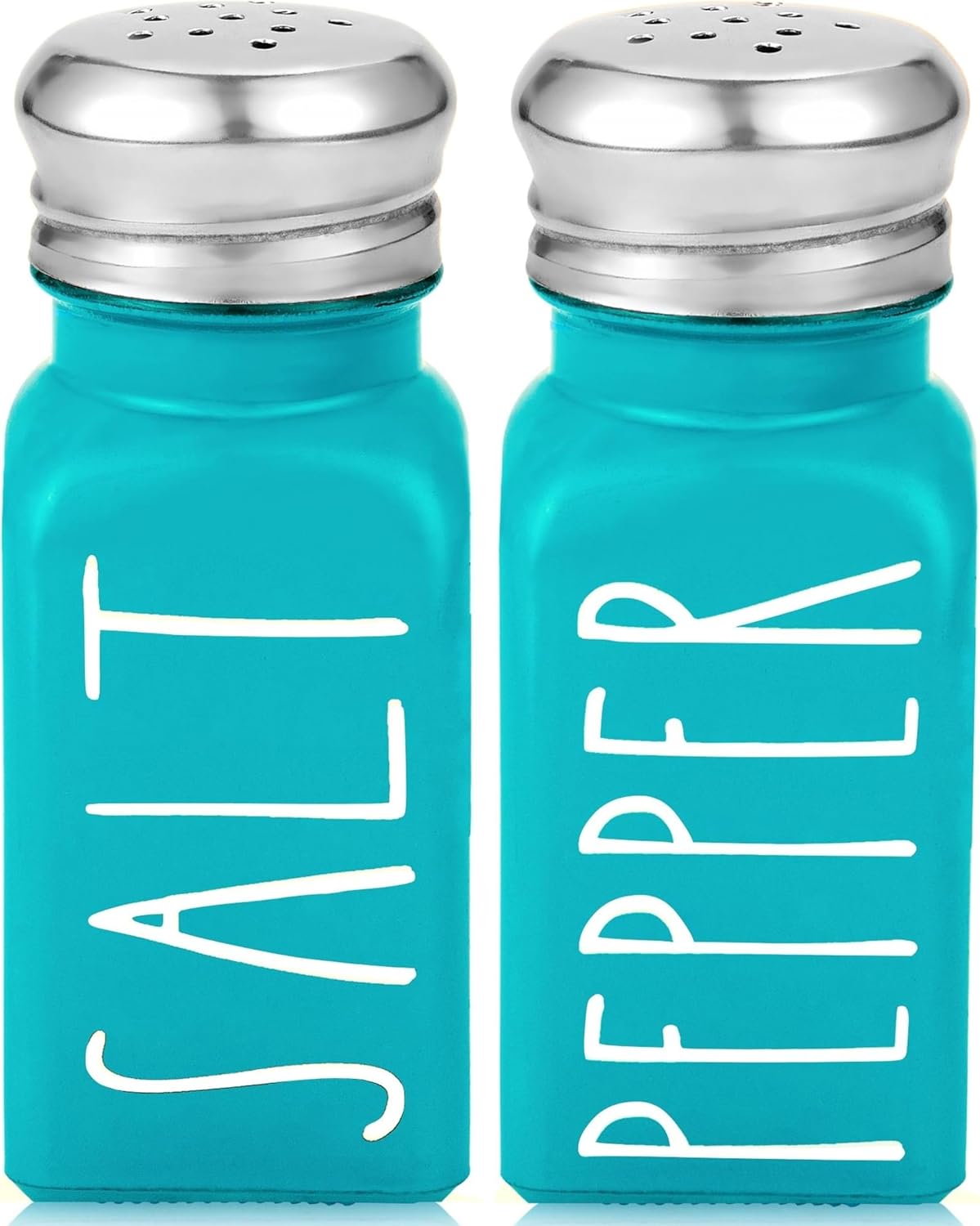 Teal Salt and Pepper Shakers Set by Brighter Barns - Turquoise Kitchen Decor & Turquoise Kitchen Accessories - Cute Modern Farmhouse Glass Shakers for Restaurants Wedding & Stainless Steel Lid (Teal)