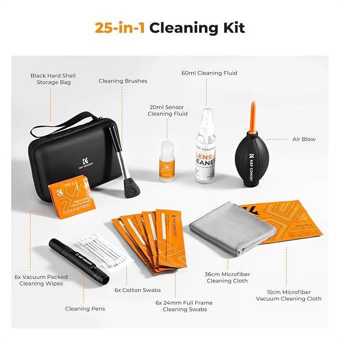 K&F CONCEPT 25-1 Professional Camera Cleaning Kit for DSLR Cameras with Full Frame Sensor Cleaning Swabs/60&20ML Lens Cleaner/Cleaning Wipes/Camera Blower/Lens Brush/Microfiber Cloths/Carrying Case