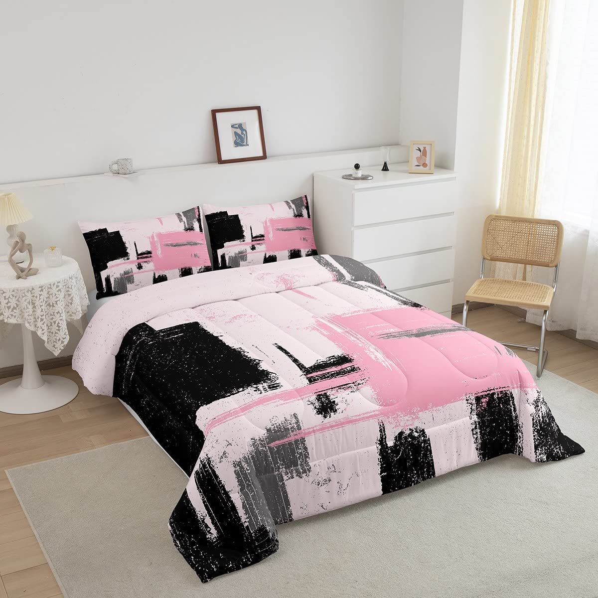 Feelyou Abstract Comforter Modern Abstract Art Comforter Set for Boys Girls Children Pink Black Pattern Bedding Set Room Decor Twin Size Duvet Set 2Pcs