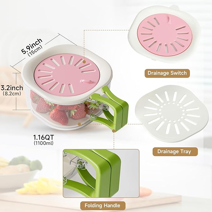 Fruit Vegetable Washing Bowl with Strainer, Multifunctional Produce Washer, Berry Container, Lettuce Keeper for Fridge Refrigerator Organization, Portable Strainers and Colander for Kitchen