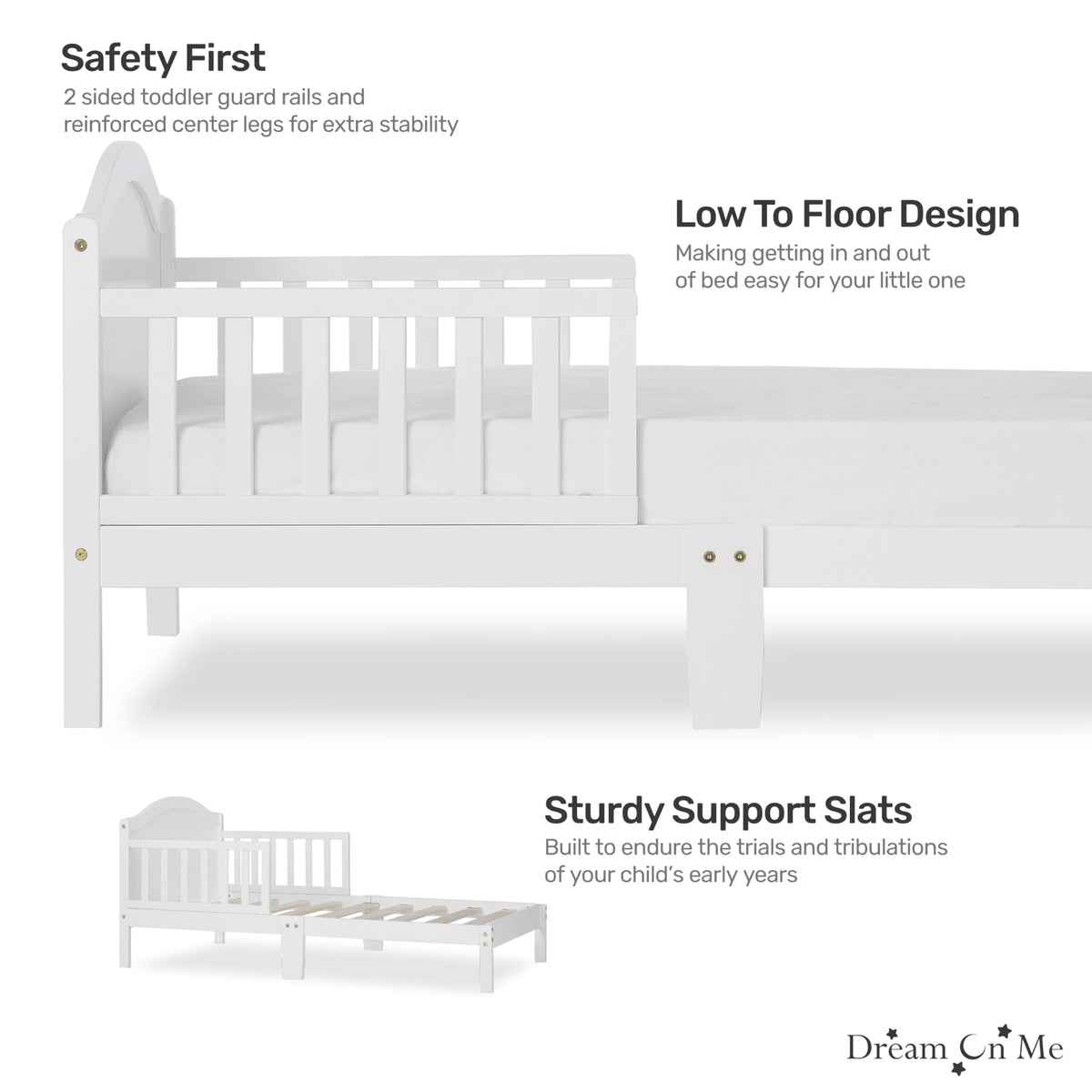 Dream On Me Sydney Toddler Bed in White, Greenguard Gold Certified, JPMA Certified, Low To Floor Design, Non-Toxic Finish, Safety Rails, Made Of Pinewood