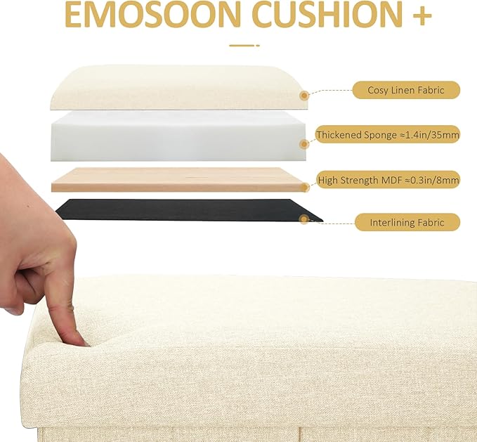 Emosoon Tall Ottoman with Storage Collapsible Fabric Small Slim Folding Ottoman Furniture with Handles Lid for Room Footrest Foot Stool Linen Beige 16.5x16.5x11.8in