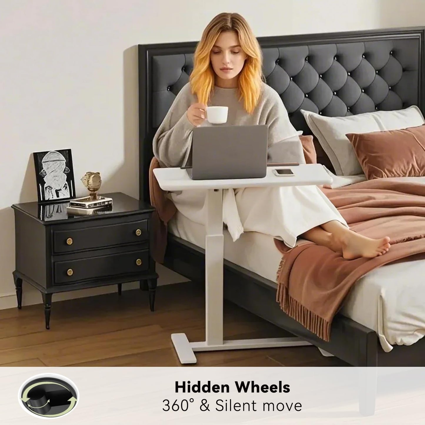 TecbL 180° Tiltable Mobile Standing Desk, Overbed Table with Wheels, 25.6" - 40.5" Height Adjustable Bedside Table, Portable Rolling Computer Desk for Home Office, Hospital - White