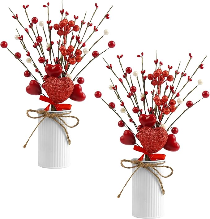 Luabue 2 Sets Valentines Day Decorations for Home, Valentines Table Decor Red Valentine Picks with Pearls Artificial Flowe...