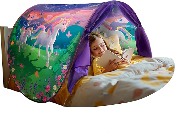 Dream Tents Unicorn Themed Toddlers Canopy Tent for Bed | Magical Glow-in-The-Dark Elements & Friendship Affirmations | Co...