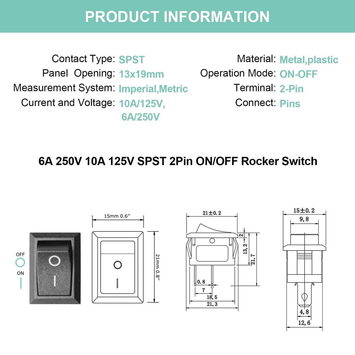 QTEATAK 5Pcs On/Off Boat Rocker Switch 5Pcs 2 Pin 2 Position Snap 12V 110V 250V