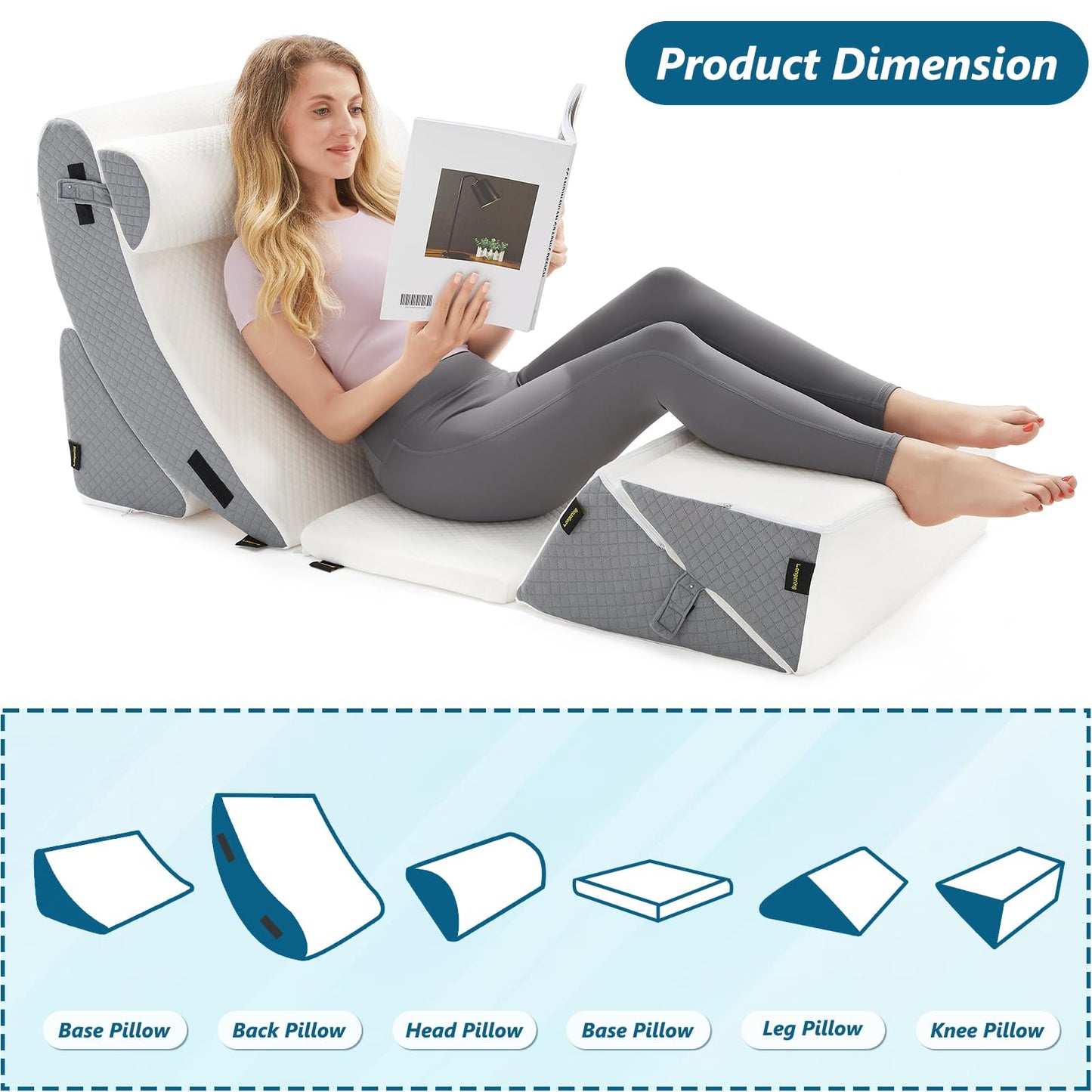 Longering 6PCS Orthopedic Bed Wedge Pillow Set for Sleeping - Post Surgery Pillow Set for Body Back and Leg Pain Relief - Adjustable Pillows for Snoring & Heartburn & Acid Reflux (White Grey)