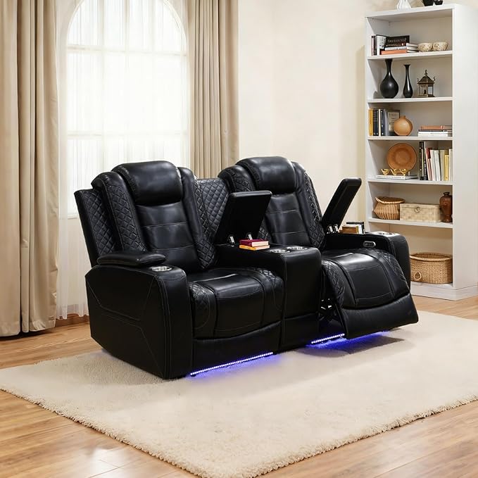 Caberryne Power Recliner Sofa with LED Lights,Leather Reclining Loveseat with Double Recliner/USB Port/Storage Console/Cup Holder for House/Home Theater(2 Seater Loveseat,Black)