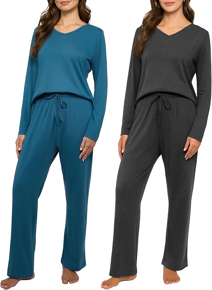 Real Essentials 2 Pack Women's Soft Cotton Long Sleeve Pajama Set with Pants - Lounge Sets for Women (Available In Plus)
