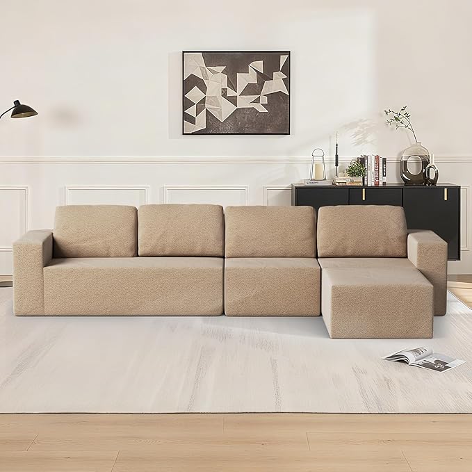 Furnify 136" Modular Sectional Couch Left/Right Facing Convertible, L-Shape Modern Teddy Sofa, Deep Seat Upholstered Foam Couch for Living Room Bedroom, No Assembly Required (Camel, Teddy Boucle)