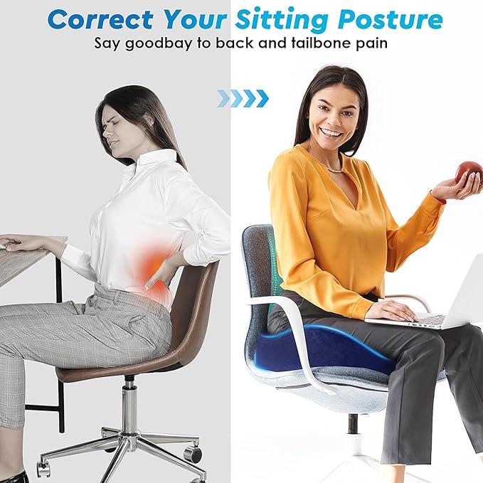 CushyOasis Seat Cushion, Gel Chair Cushions, Office Chair Cushions, Anti-Slip Bottom & Removable Cover Tailbone Pain Relief Cushion, Memory Foam Seat Cushion for Office, Wheelchair, Car (Blue)