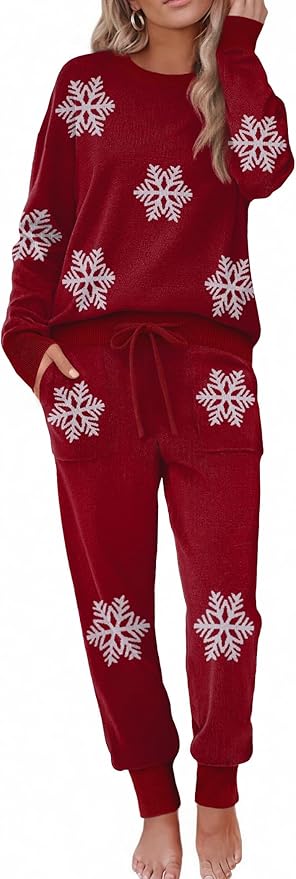 Ekouaer Women's 2 Piece Lounge Set Long Sleeve Knit Pajamas Sweatsuit Jogger Pant Outfits With Pockets S-XXL