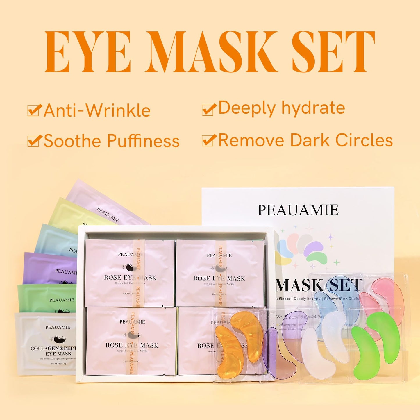 PEAUAMIE Under Eye Patches with Collagen and Hyaluronic Acid Eye Mask for Wrinkle,Dark Circles,Face Mask Skin Care Products 24 P