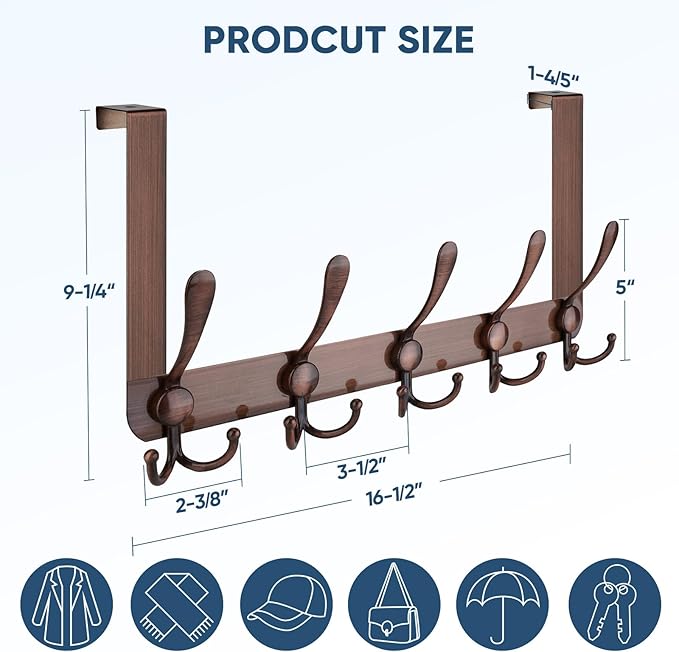 TICONN Over The Door Hooks, 5 Heavy Duty Tri Coat Rack All Metal Coat Hanger for Bathroom Bedroom Dorm (Antique Bronze, 2PK, Fit 1-3/4" Doors)
