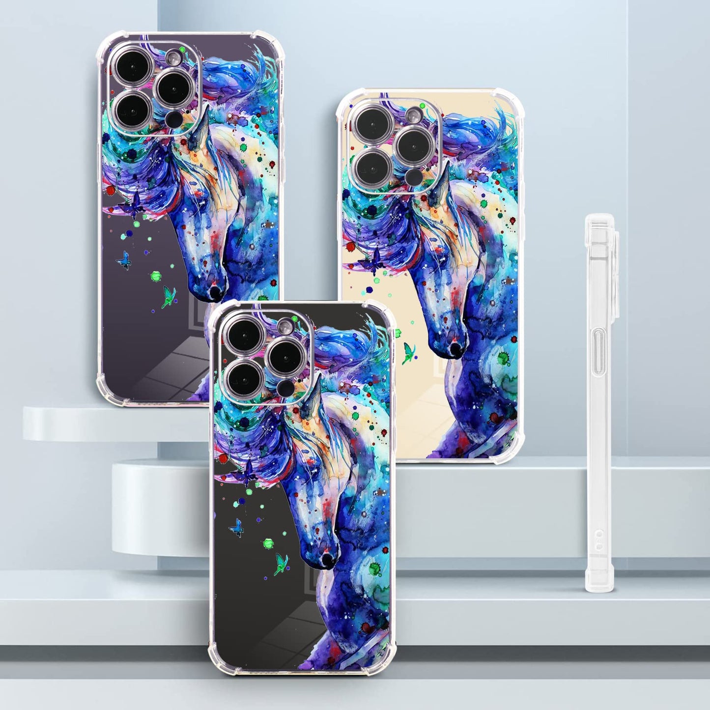 Roemary Purple Case For Iphone 11 With Blue Horse Design,Watercolor Pattern With Screen Protector [Buffertech 6.6 Ft Drop Impact
