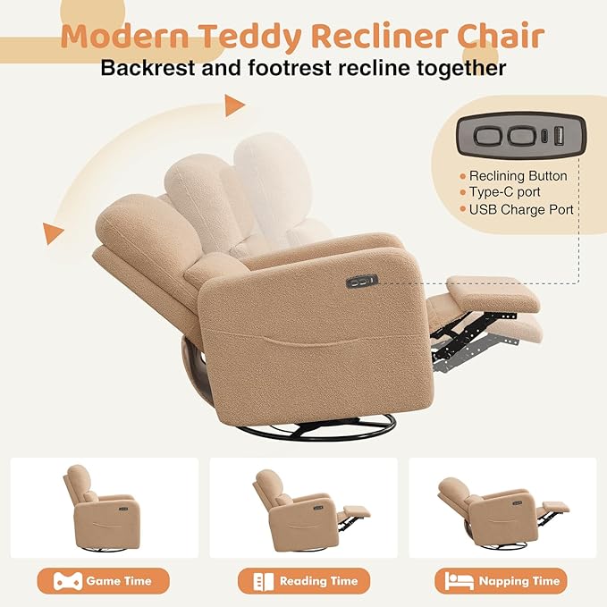 AEMEIOS Power Swivel Rocker Recliner, Oversized Boucle Electric Recliner Chair, Swivel Glider Nursery Reclienr with Removable Cushion, Upholstered Recling Chair for Living Room Bedroom, Teddy Camel