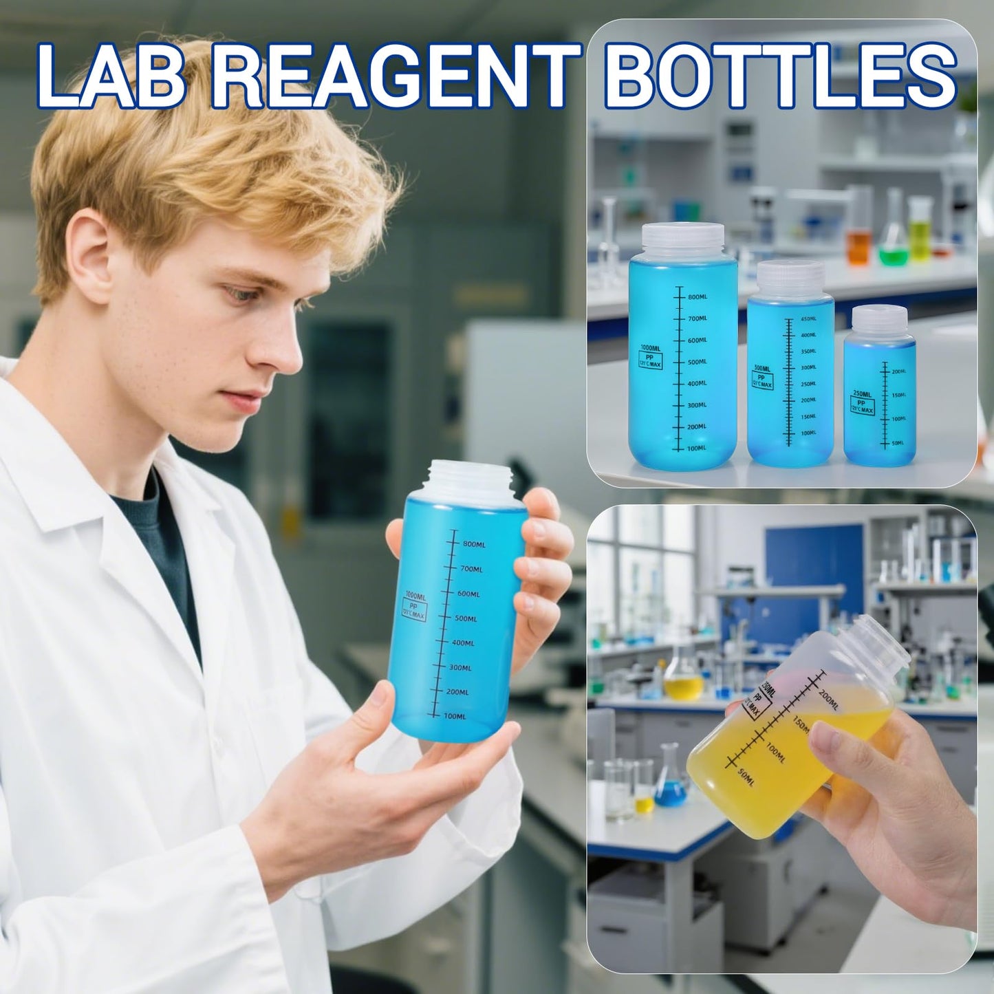 DEMORA Plastic Bottles with Airtight Caps 32oz/1000ml, Food Grade Wide Mouth Liquid Containers, Reusable PP Graduated Plastic Bottles for Water Sample Lab Reagent Liquids Mixing (Clear, 2 Pcs)
