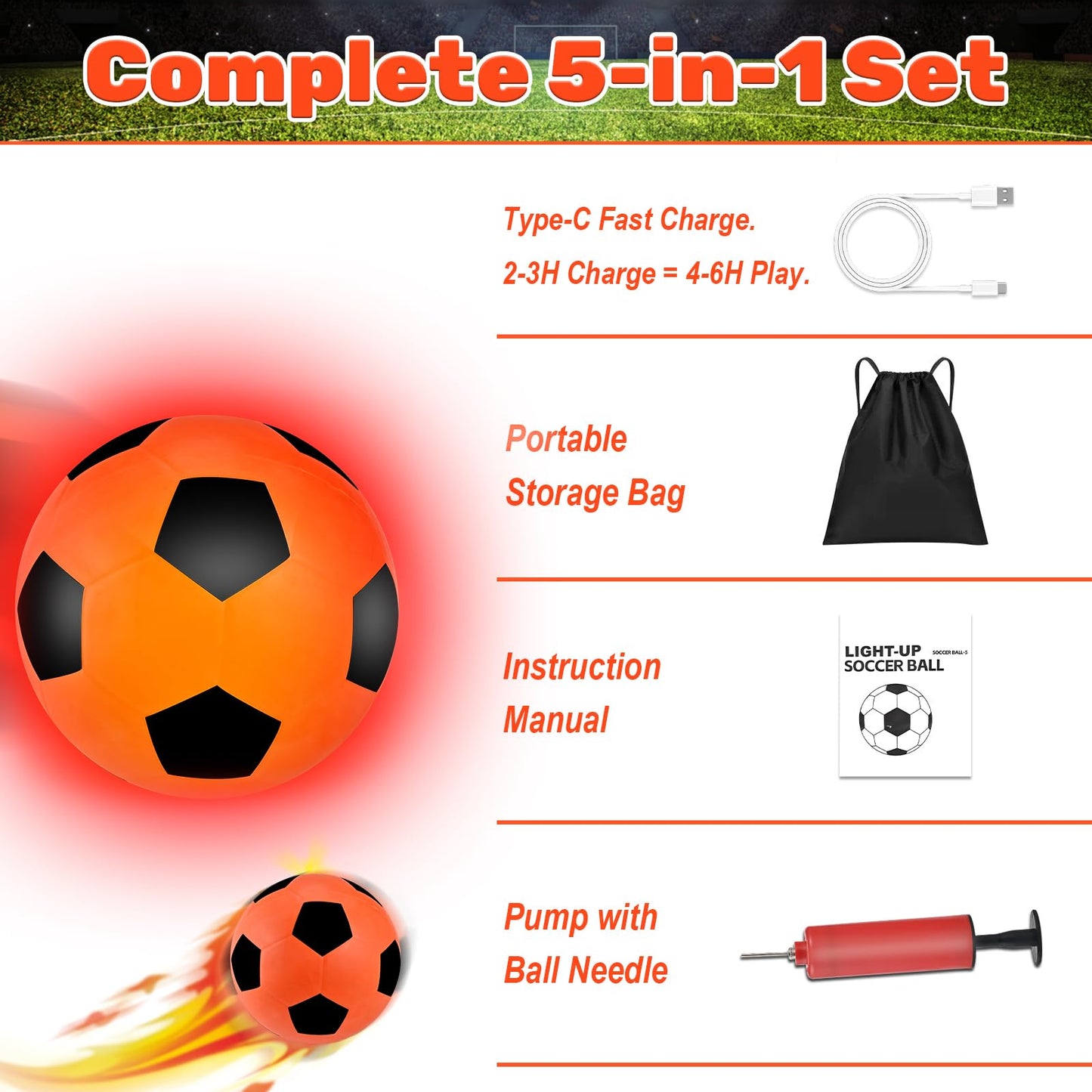 Glow in The Dark Soccer Ball Gifts for Boys 8-12 | Rechargeable Light Up Soccer Ball Size 5 with Air Pump & Net Bag, LED Girls Kids Teens Adults Night Backyard Training Game Birthday Gift