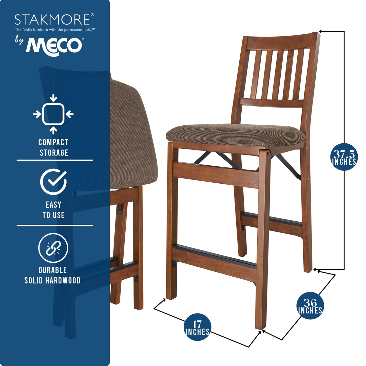MECO Stakmore Premium Solid Wood Dining Table Counter Stools Set with Fabric Padded Upholstered Seat and Steel Folding Mechanism, Espresso
