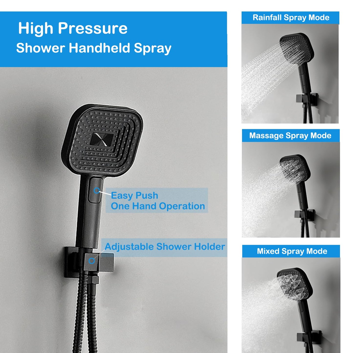 DINIERA 12" Rain Shower System with 4 Massage Body Jets,Shower Faucet Set Luxury Shower Head System with 3-in-1 Handheld,Wall Mounted Shower System Set with Valve and Trim Kit,Matte Black