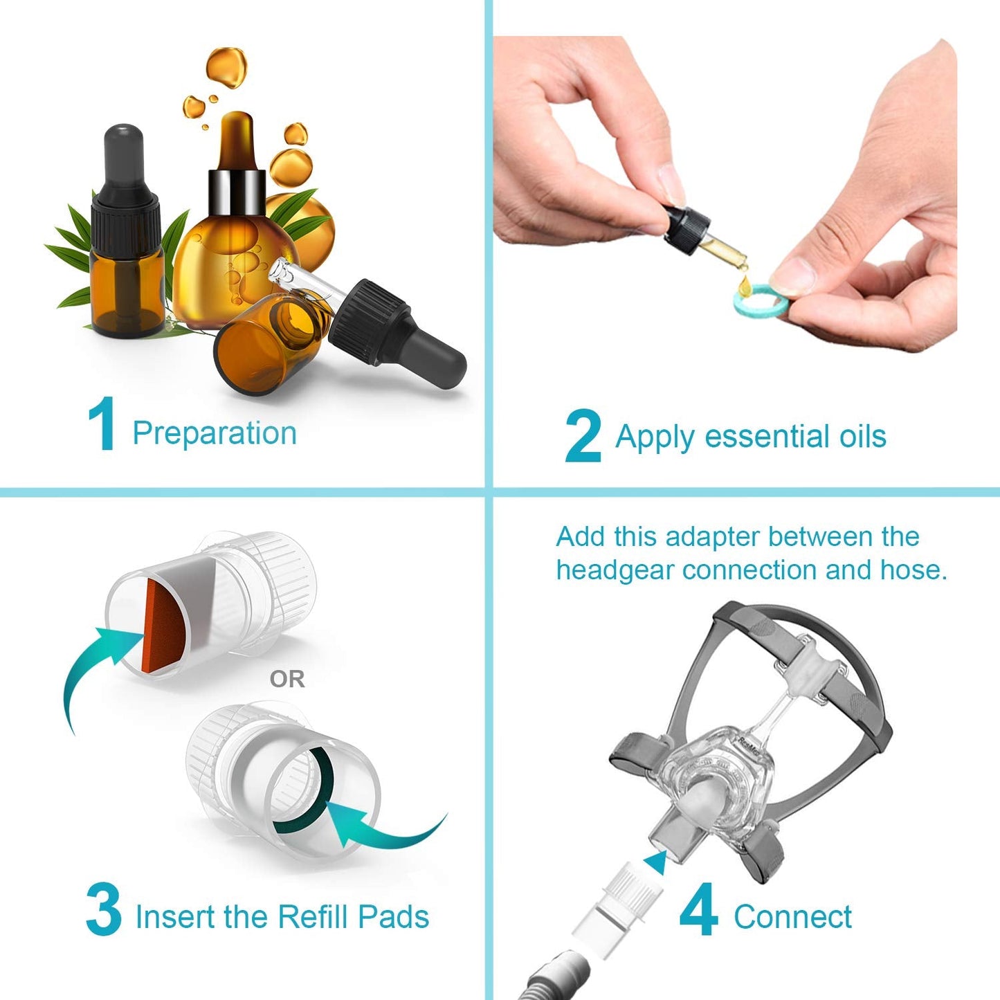 CPAP Aromatherapy Adapter - CPAP Essential Oil Infusion Adapter with 12 Refill Pads-2 2ml Amber Dropper Oil Bottles - Universal Fit