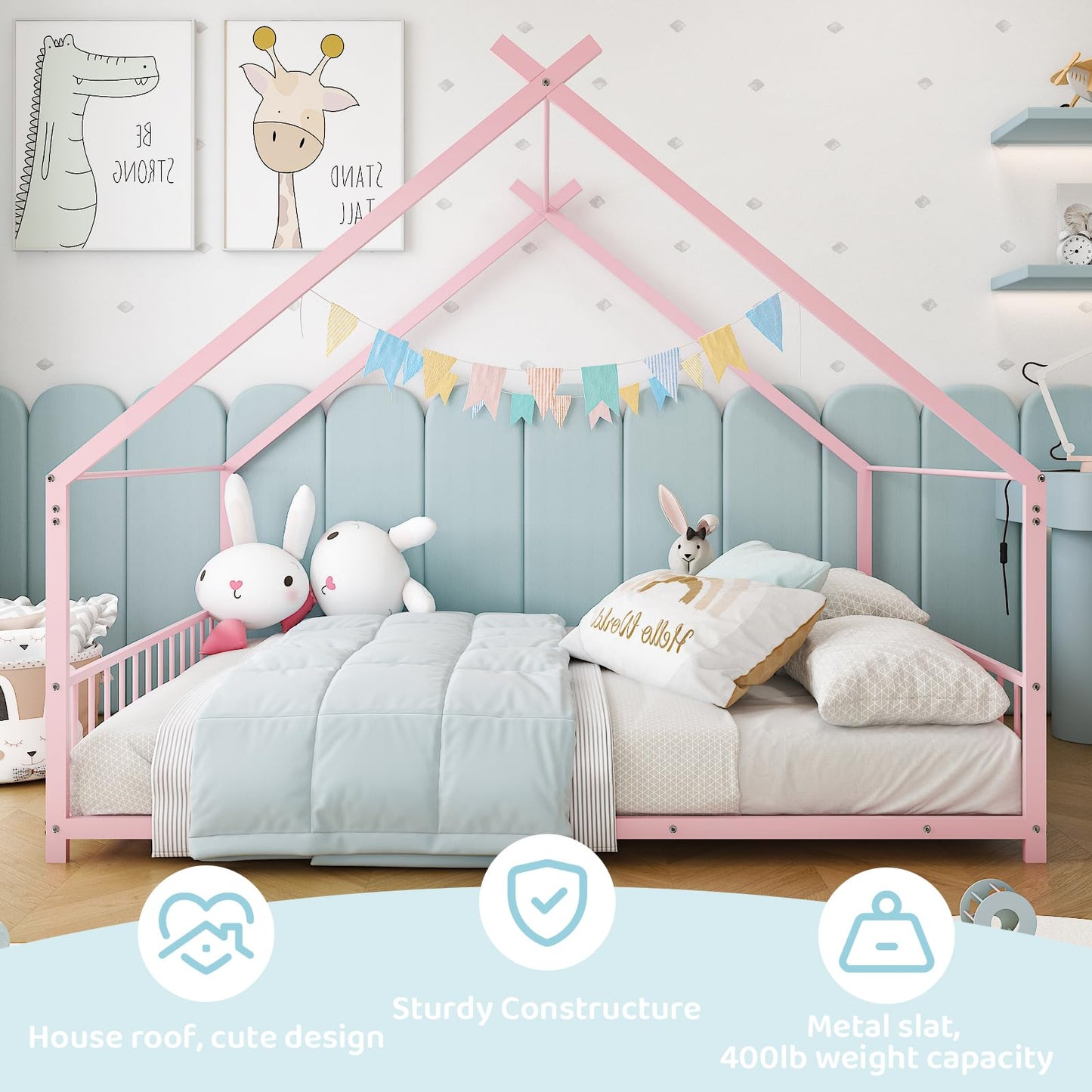 Ynredee Twin Wood House Bed,Floor Bed with Wood Slats,Metal Canopy Frame,Platform Bed with Headboard & Footboard for Boys Girls Teens,No Box Spring Needed (Pink)