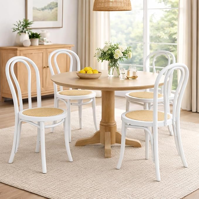 DM Rattan Dining Chairs Set of 4 Mid-Century Modern Solid Curved Wood Kitchen & Dining Chairs with Backrest, White Wood, No Assembly Required