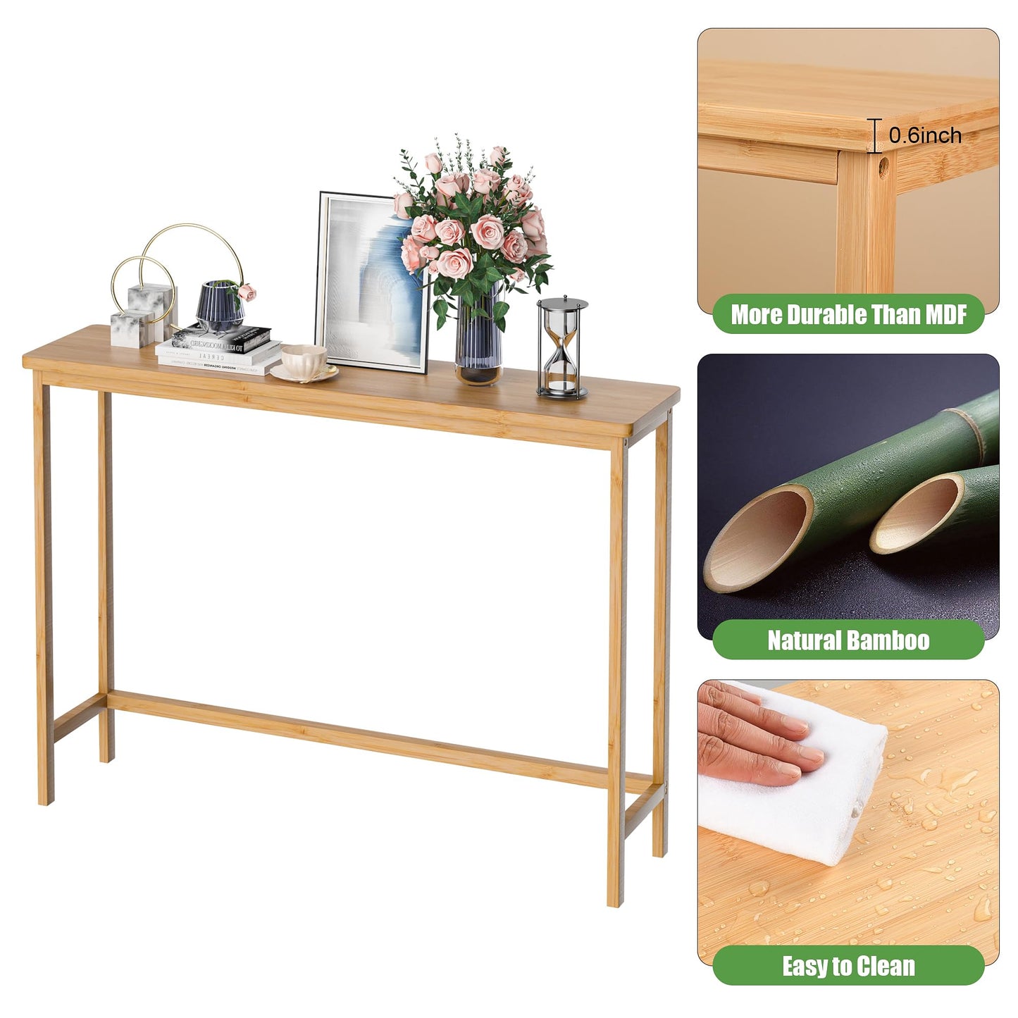 VASMIA Console Table, Entryway Table, Narrow Sofa Table, 39" Bamboo Hallway Table for Entryway, Living Room, Bedroom, Foyer, Natural