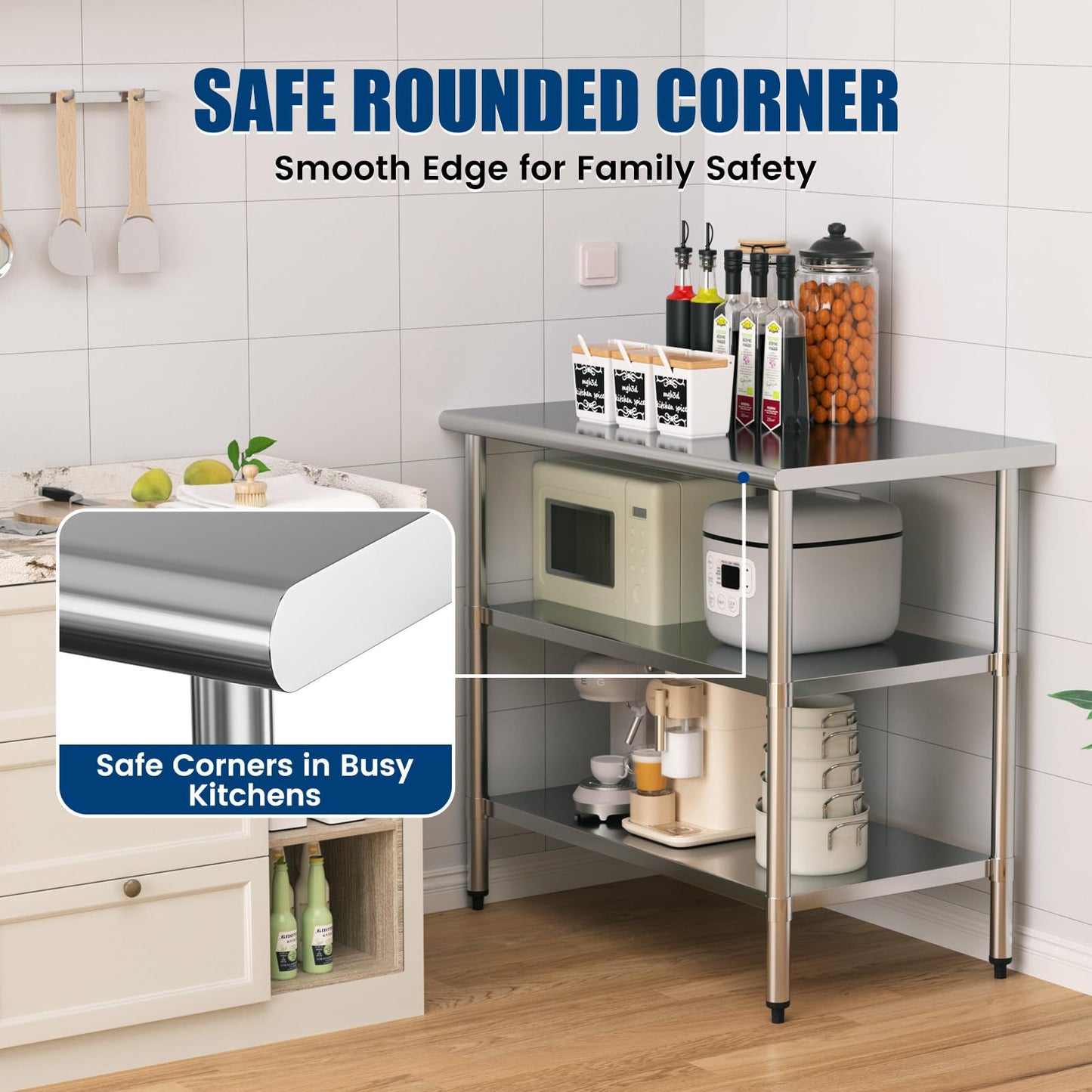 Stainless Steel Work Table 24 x 48 Inch with 2 Adjustable Undershelves, Heavy-Duty Metal Prep Table for Commercial Kitchen & Restaurant, Garage, Outdoor