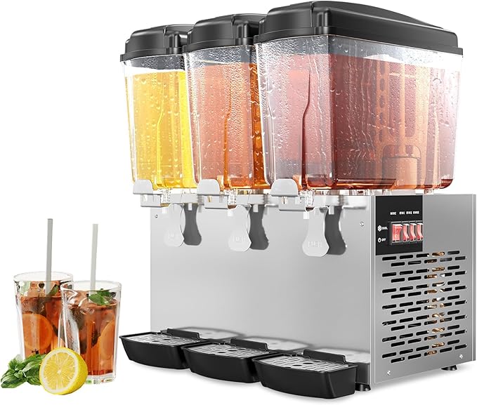 Commercial Beverage Dispenser, 3 Tanks 18L Each with Compressor Cooling (45-54°F), Large Capacity Cold Drink Dispenser, St...