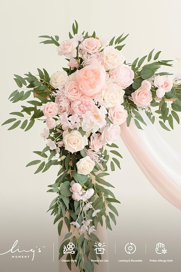 Ling's Moment Pink White Artificial Wedding Arch Flowers Kit Pack of 4, 2pcs Hanging Flower Arrangement 2pcs Chiffon Drapes Ceremony Reception Silk Rose Arbor Backdrop Floral Garden Outdoor Decoration