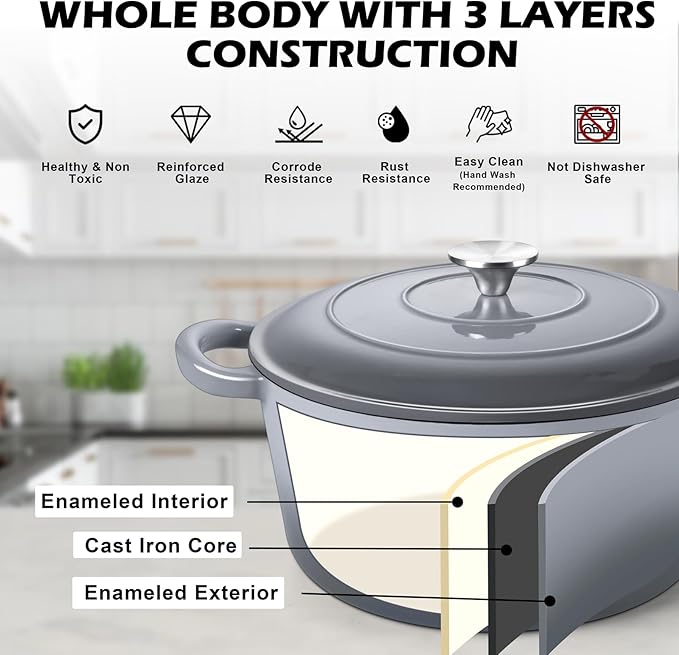TeamFar Enameled Cast Iron Dutch Oven, 6QT Nonstick Dutch Oven Pot with Lid & Dual Handles for Bread Baking Cooking Braising Simmer Roasting, Non Toxic & Heavy Duty, Multi Stoves & Oven Safe - Gray