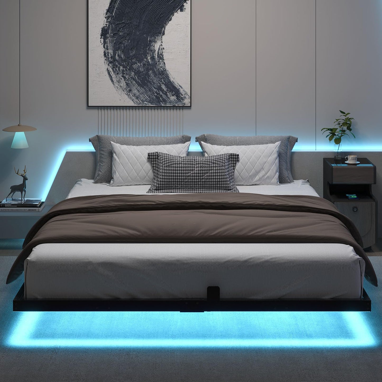 HOMBCK Floating Bed Frame King Size with Smart LED Lights, Modern Metal Platform, No Box Spring Needed/Easy to Assemble/Noise Free
