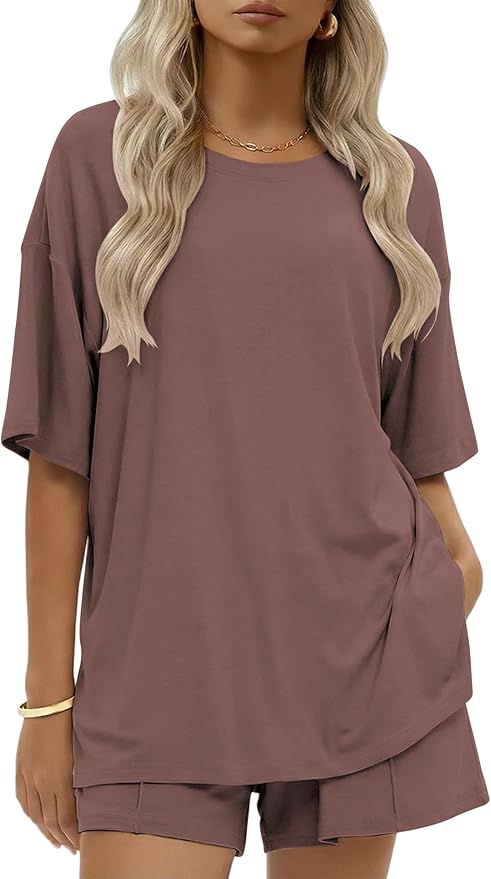 Ekouaer Womens 100% Cotton 2 Pieces Short Sets Summer Short Sleeve Outfits Casual Maching Lounge Set with Pockets
