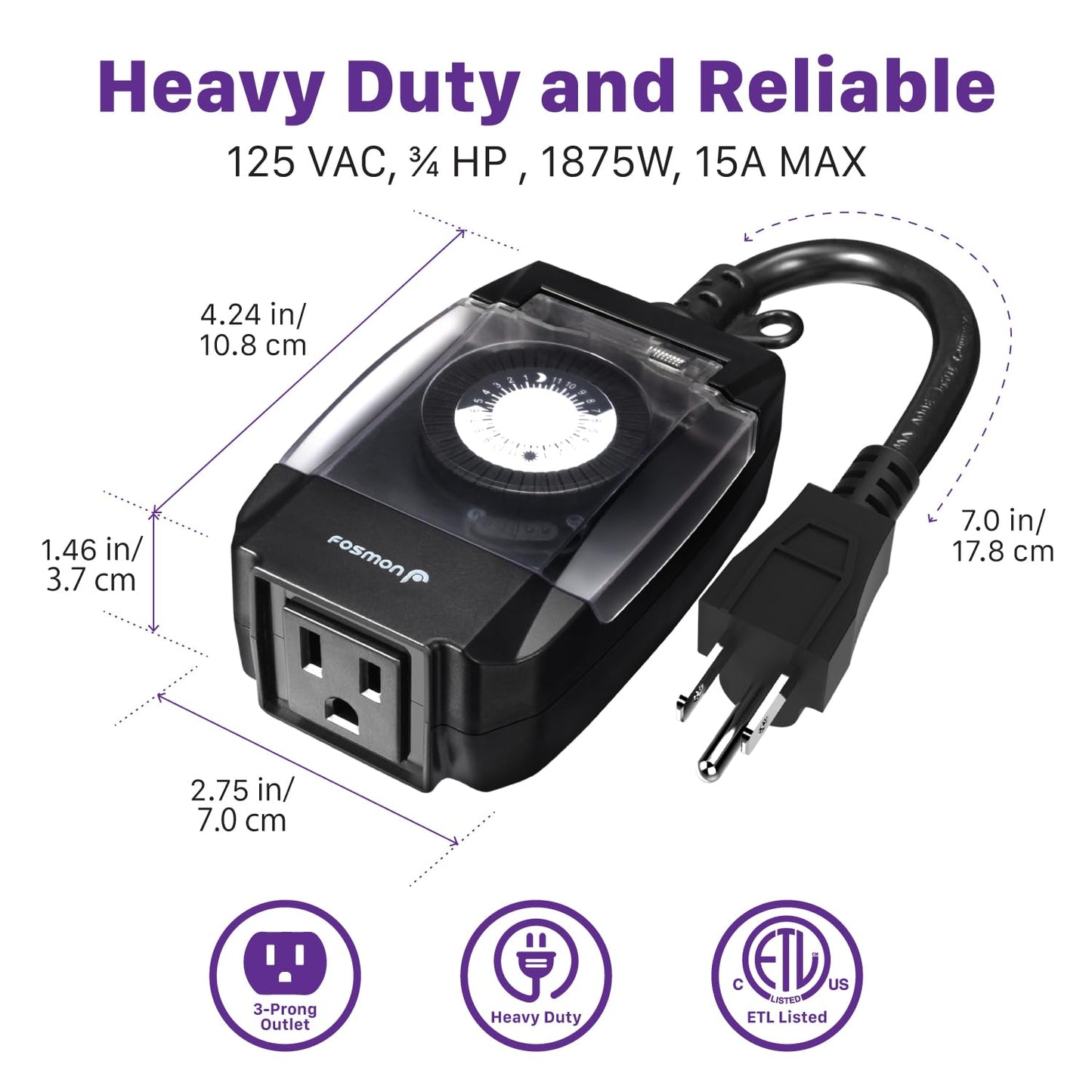 Fosmon Outdoor Light Timer Outlet Waterproof, 24 Hour Plug In Mechanical Pool Pump Timer Weatherproof, 3-Prong, Grounded, Heavy
