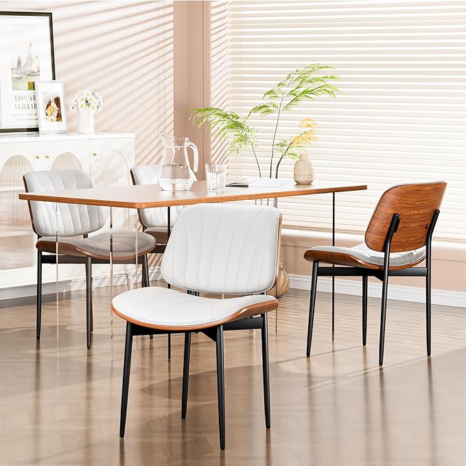 YaFiti Dining Chairs Set of 4, Dining Room and Kitchen Chairs, FSC Certified Mid Century Modern Accent Chair, Upholstered PU Leather Chairs for Vanity with Walnut Bentwood and Metal Legs, White