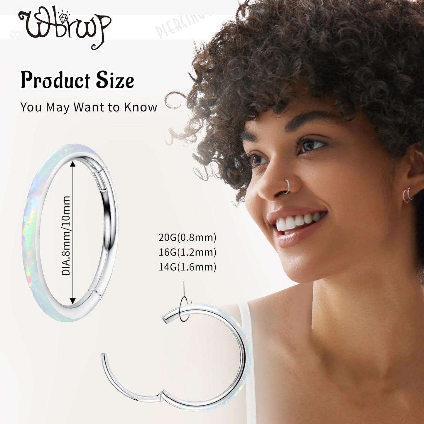 WBRWP 316L Surgical-Steel Hinged Nose Rings Hoop with White Opal 20G(0.8mm) Unisex Septum Clicker Helix Cartilage Body Piercing