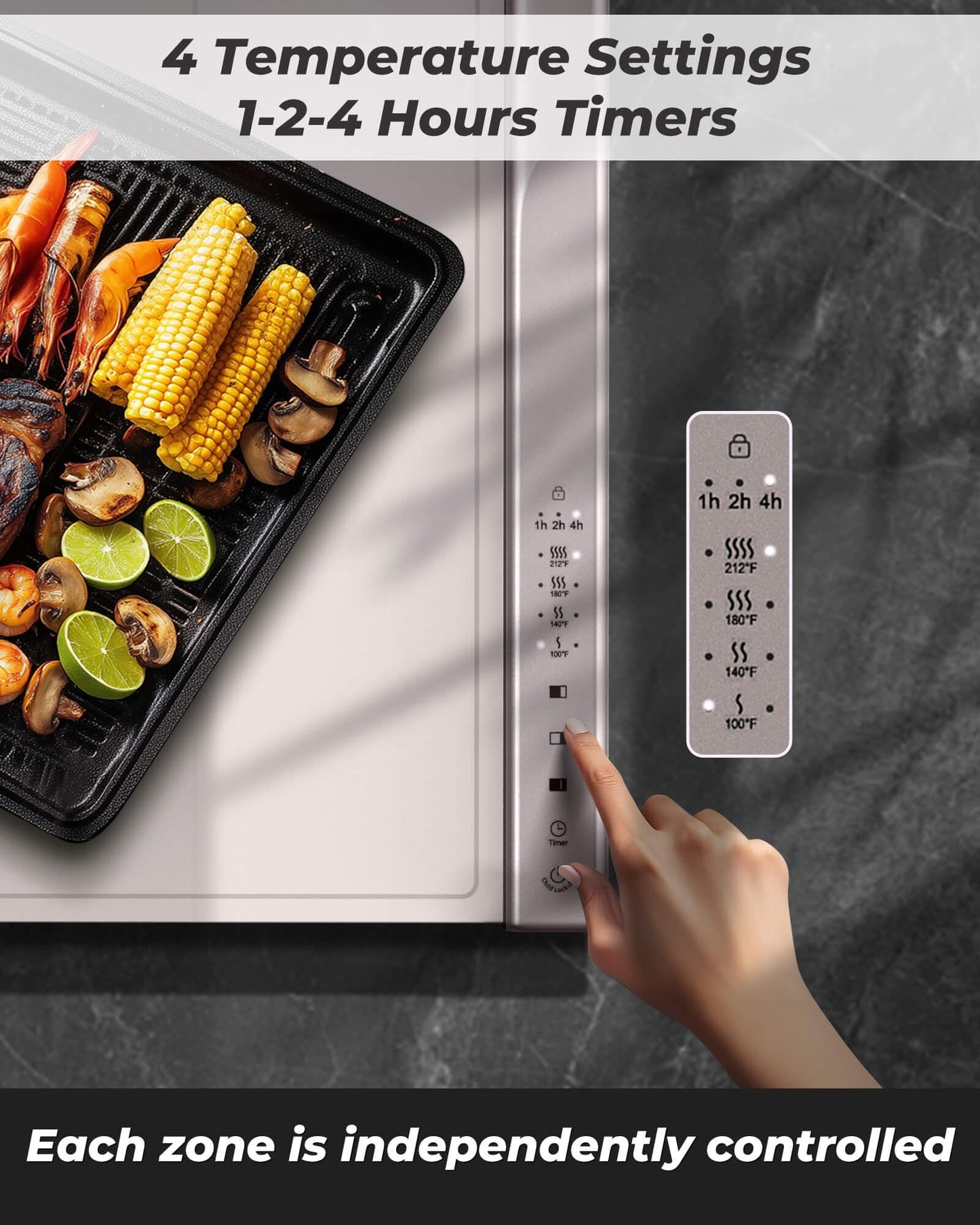 Food Warming Mat with Dual Heating Zones, 4 Temp Settings, Silicone Easy-Clean, Auto Shut-Off, Timer, Child Lock, Portable for Buffet, Party & Travel, 350W, 120V(AC), (White)